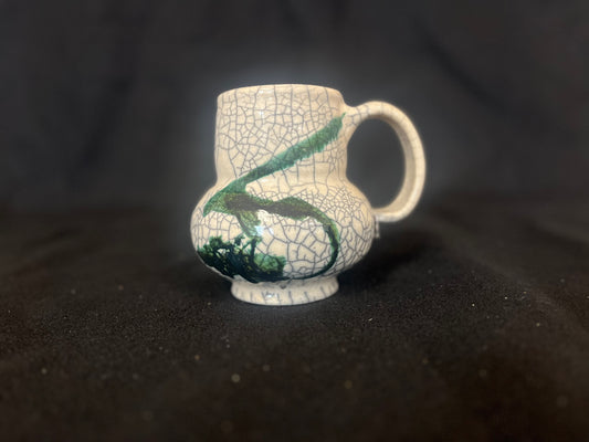 Mug large with crackle finish with green brushstroke design unsigned