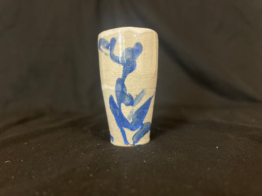 Glazed vase with abstract blue brushstroke design 8.5" Tall 3" base 4.5" mouth 2.2lb